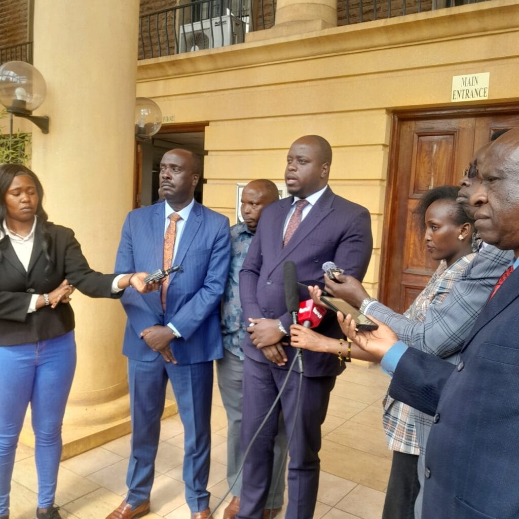 Lawyer Danstan Omari during a press briefing in at Milimani Law court.