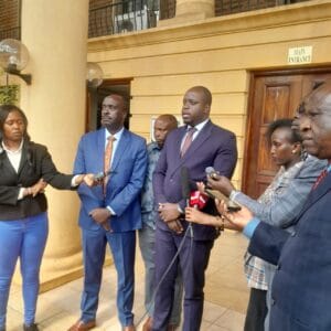Lawyer Danstan Omari during a press briefing in at Milimani Law court.